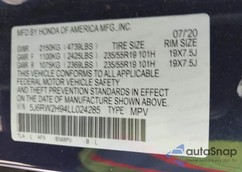 2020 Honda Cr-V Awd Touring из США, поврежденный, VIN 5J6RW2H94LL024285